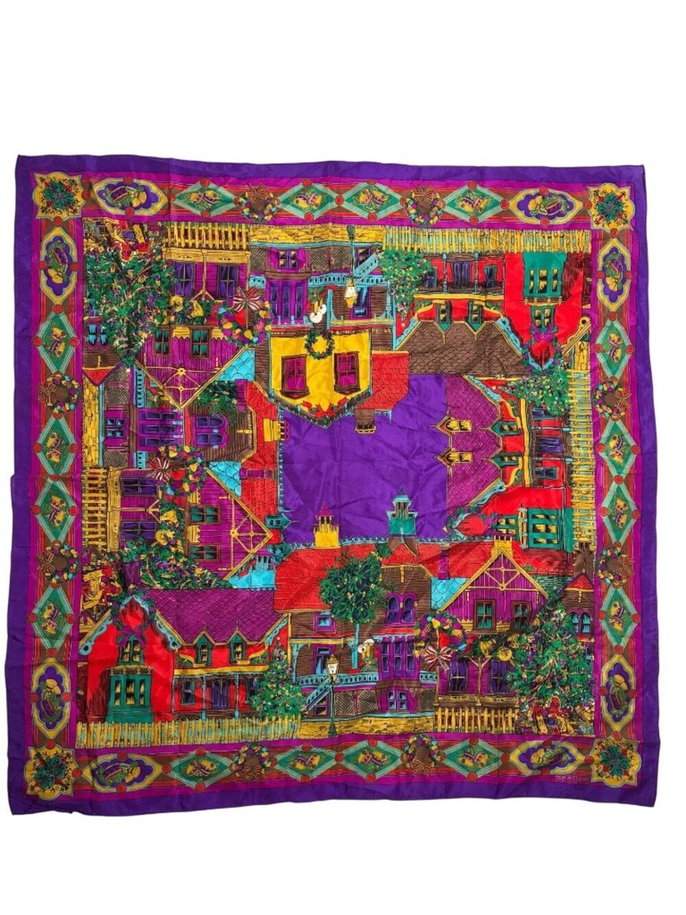 Oscar De La Renta Studio 100% Silk Christmas Village Scarf Multicolor vintage